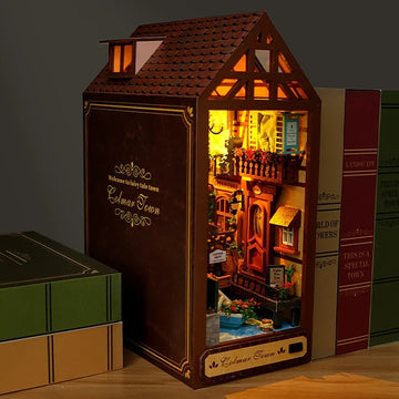 DIY book nook kit glowing on a bookshelf