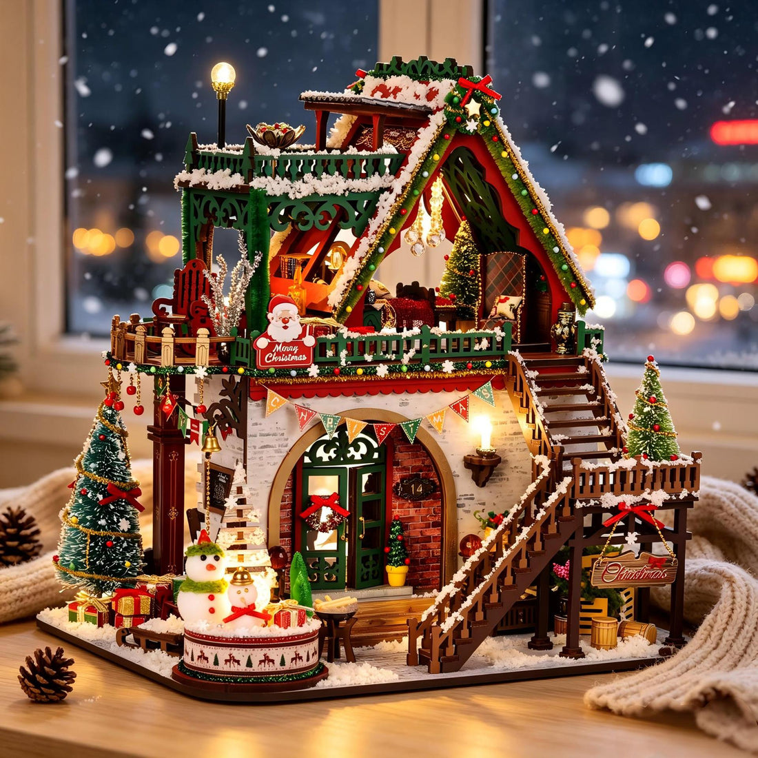 Winter Christmas cottage wooden kit - DIY wooden Christmas log cabin ornament