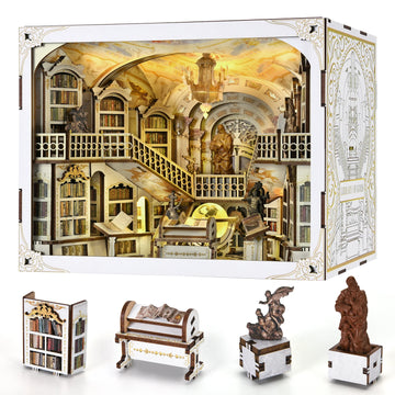 Minicity 3D Wooden Puzzle Library of Gods Max Dollhouse Book Nook Kit With LED Light and Dust Cover