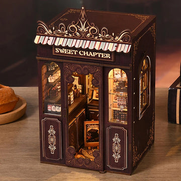 DIY Book Nook Wooden Miniature Model Kits Sweet Chapter Dessert Shop Bookend 3D Puzzle Bookshelf for Friends Birthday Gifts