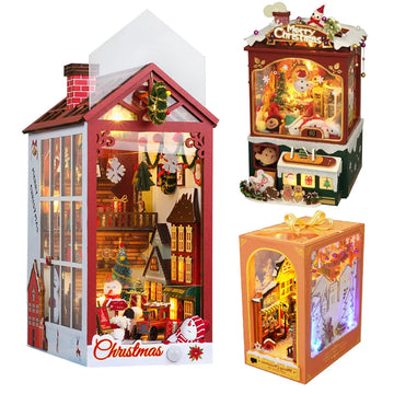 DIY Book Nook Wooden Christmas Doll House Kits Bookshelf Insert Decor With LED Light 3D Puzzle Assembly Model Bookend Xmas Gifts