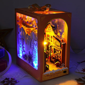 Book Nook Miniature DIY Hut Christmas cabin Houses Bookstand Doll House Creative Puzzle Bookshelf Insert With Touch Cover