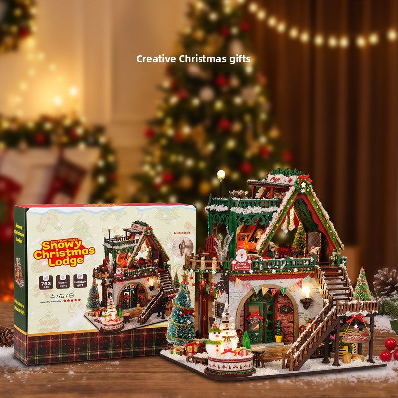Winter Christmas cottage wooden kit - DIY wooden Christmas log cabin ornament, photo 2